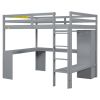 Full Size Loft Bed with L-shaped Desk, Wardrobe and Storage Shelves, Grey
