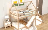 Twin over Twin House Loft or Bunk Bed with Slide and Staircase, Natural