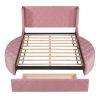 Upholstered Platform Bed Queen Size Storage Velvet Bed with Wingback Headboard and 1 Big Drawer,2 Side Storage Stool(Pink)