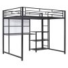Full Size Loft Bed with Desk and Whiteboard, Metal Loft Bed with 3 Shelves and Ladder, Black
