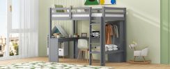 Twin Size Loft Bed with L-shaped Desk, Wardrobe and Storage Shelves, Grey
