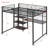 Full Size Loft Bed with Desk and Whiteboard, Metal Loft Bed with 3 Shelves and Ladder, Black