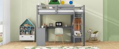 Twin Size Loft Bed with L-shaped Desk, Wardrobe and Storage Shelves, Grey