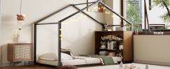 Twin Size Metal Bed House Bed Frame with Shelves and Lights, Black