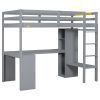 Twin Size Loft Bed with L-shaped Desk, Wardrobe and Storage Shelves, Grey