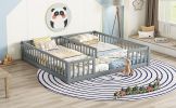 Double Twin Floor Bed with Fence, Guardrails, without door, Grey