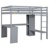 Full Size Loft Bed with L-shaped Desk, Wardrobe and Storage Shelves, Grey