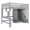 Full size Loft Bed with Bookshelf,Drawers,Desk,and Wardrobe-Gray